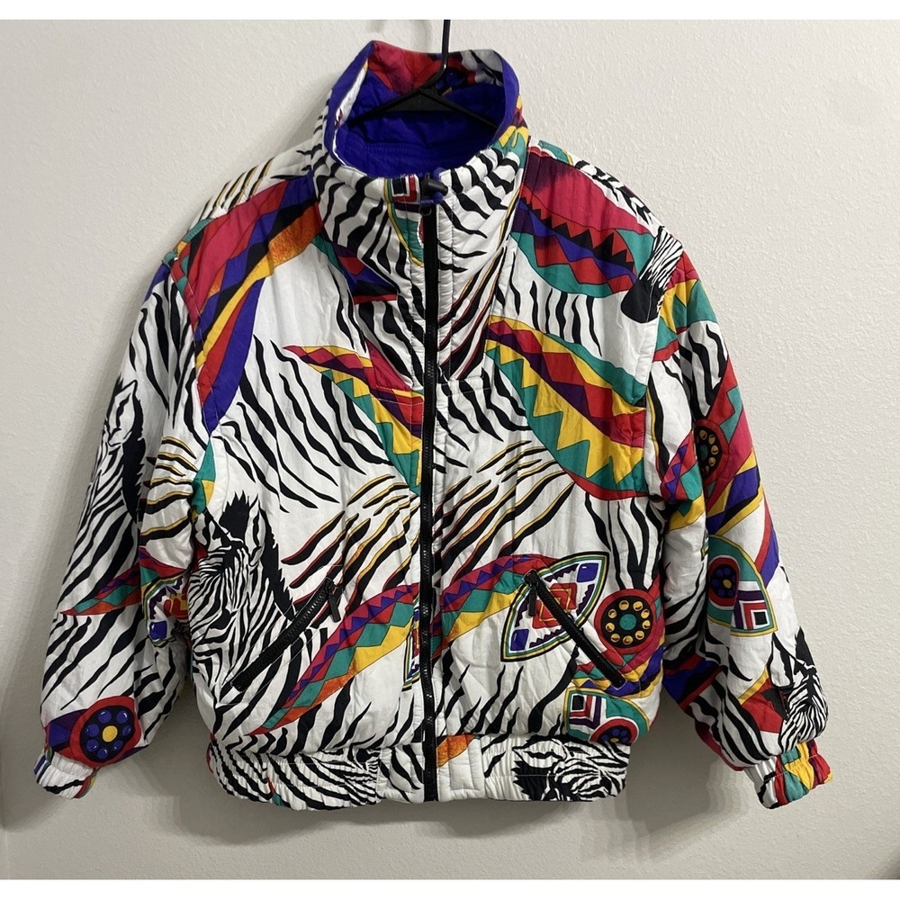 Vtg 80s-90s Tyrolia Ski Jacket Women Size Large Bright Zebra Print Reversible